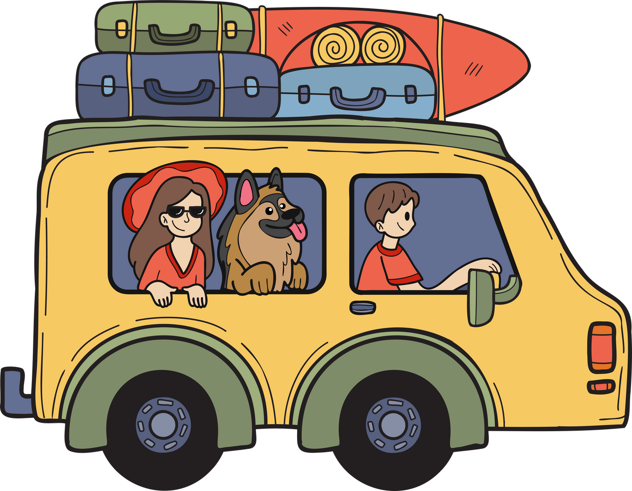 Hand Drawn Road trip van illustration in doodle style